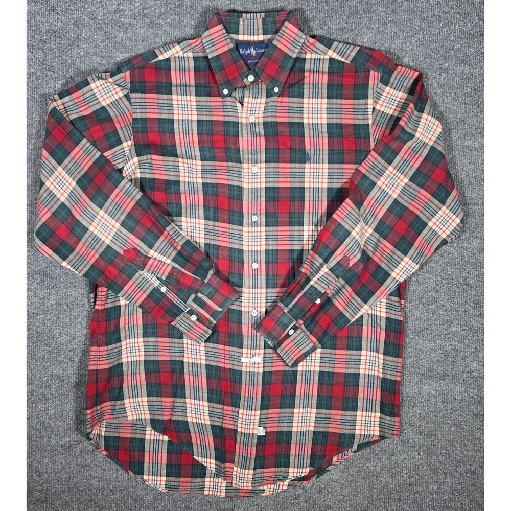 Ralph Lauren Mens M Plaid Button Down Shirt Red Green Cotton Long Sleeve Pony